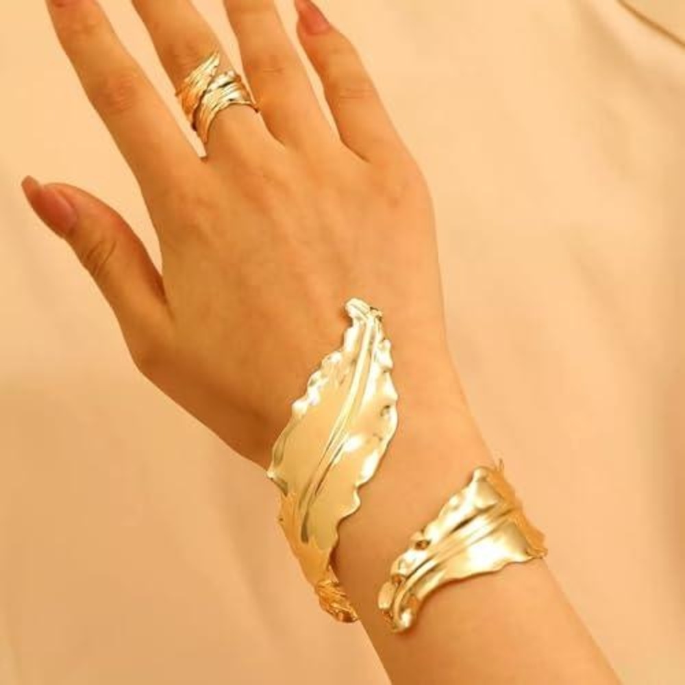 Gold Leaf Cuff Bracelet and Adjustable Ring Set Statement Jewelry Boho Gold Tone